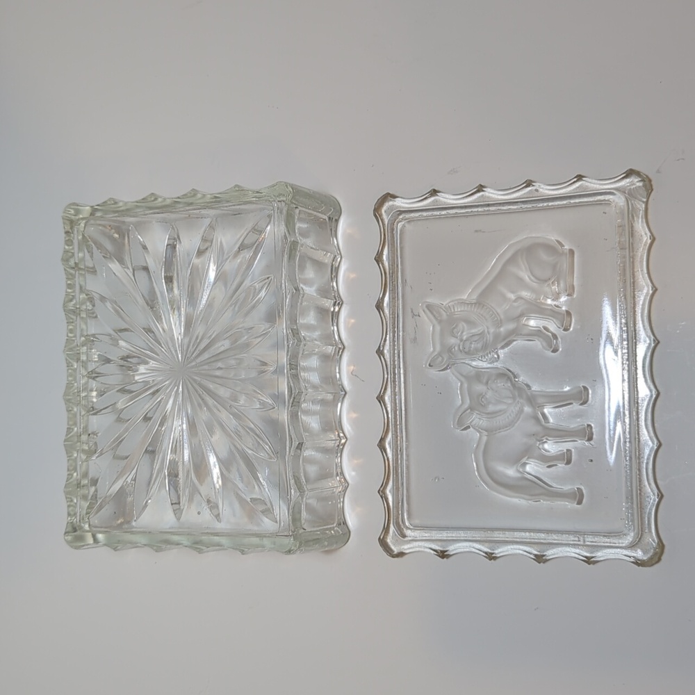 French Bulldogs clear glass trinket box reverse cut dogs fluted sides